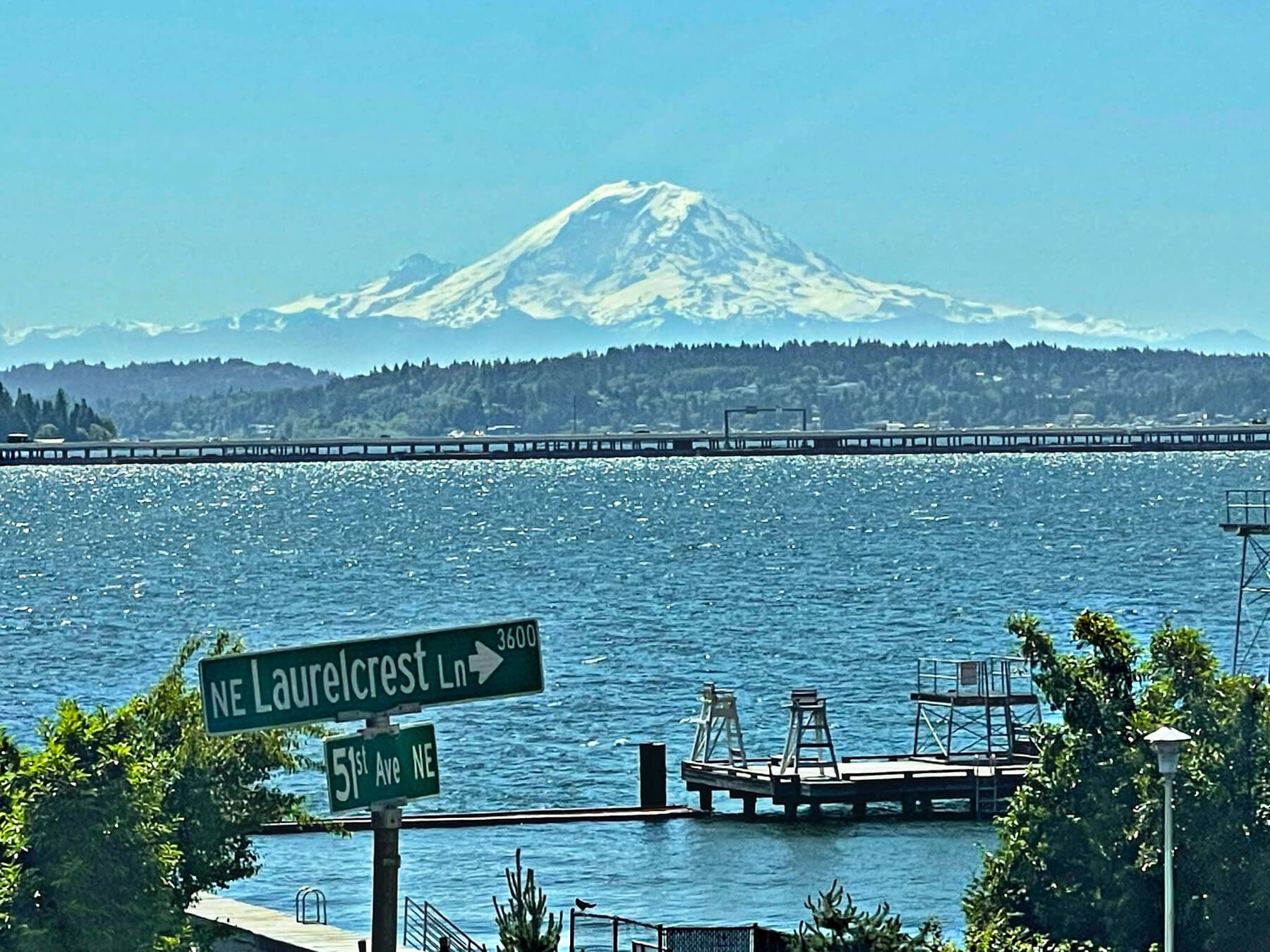 Laurelhurst community beach overlooking lake Washington and mount rainier.