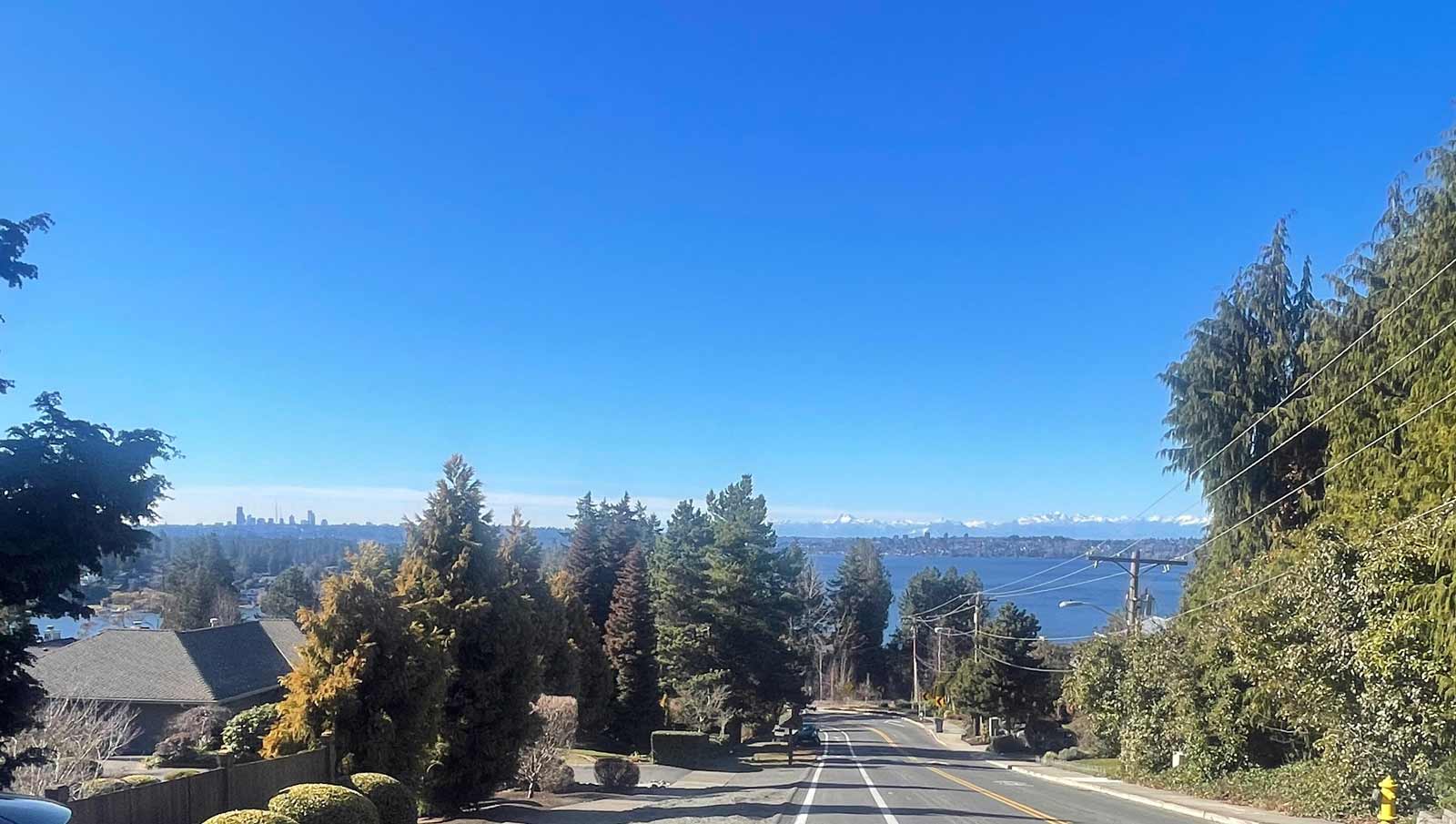 Kirkland residential street with view of Seattle and Lake Washington